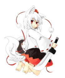 Rule 34 | 1girl, animal ears, bare shoulders, barefoot, blush, detached sleeves, hat, highres, inubashiri momiji, kibisake, long sleeves, looking at viewer, open mouth, pom pom (clothes), red eyes, s katsuo, shield, short hair, silver hair, simple background, solo, sword, tail, tokin hat, touhou, weapon, white background, wolf ears, wolf tail