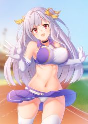 Rule 34 | 1girl, :d, absurdres, azur lane, bare shoulders, belt, black choker, blue sky, blurry, blurry background, breasts, cameltoe, choker, collared shirt, commentary request, covered erect nipples, cowboy shot, crop top, cygnet (azur lane), cygnet (royal fanfare) (azur lane), day, double bun, elbow gloves, gloves, gluteal fold, grass, groin, hair bun, hair ribbon, highres, impossible clothes, impossible shirt, large breasts, long hair, looking at viewer, midriff, miniskirt, navel, open hands, open mouth, outdoors, panties, pantyshot, purple skirt, red eyes, ribbon, running, shirt, side bun, sidelocks, single side bun, skirt, sky, sleeveless, smile, solo, stadium, standing, ten., thighhighs, track and field, underwear, white belt, white gloves, white hair, white panties, wind, wind lift, yellow ribbon