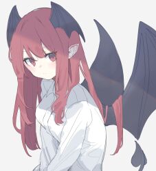 Rule 34 | 1girl, black wings, closed mouth, collared shirt, demon tail, demon wings, garasuno, head wings, highres, koakuma, long hair, long sleeves, pointy ears, red eyes, red hair, shirt, simple background, solo, tail, touhou, upper body, white background, white shirt, wings
