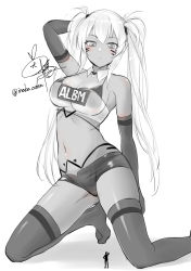 Rule 34 | 1girl, 1other, absurdres, alabama (azur lane), arm up, artist name, azur lane, bandeau, bikini, bikini under clothes, blush, breasts, cleavage, clothes writing, commentary request, detached collar, elbow gloves, facial mark, giant, giantess, gloves, greyscale, highres, inaba oden, kneeling, long hair, looking at viewer, medium breasts, micro shorts, midriff, monochrome, navel, no shoes, shadow, shorts, signature, simple background, stomach, strapless, swimsuit, thighhighs, thighs, tube top, twintails, twitter username, very long hair, whisker markings, white background