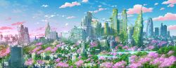 Rule 34 | abandoned, blue sky, building, cherry blossoms, city, cloud, commentary request, highres, lake, nature, no humans, original, outdoors, overgrown, plant, post-apocalypse, ruins, scenery, sky, skyscraper, sunset, tokyogenso, vines, water