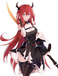 Rule 34 | 1girl, absurdres, arknights, bare shoulders, beijiushui, belt, black belt, black collar, black dress, black jacket, blush, breasts, chest strap, chinese commentary, cleavage, collar, commentary request, cowboy shot, detached collar, dress, hair between eyes, hand in own hair, highres, holding, holding sword, holding weapon, horns, infection monitor (arknights), jacket, long hair, long sleeves, looking at viewer, medium breasts, off shoulder, open clothes, open jacket, purple eyes, red hair, simple background, solo, standing, surtr (arknights), sword, very long hair, weapon, white background