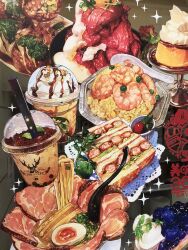 blueberry coffee cup disposable_cup drinking_straw food food_focus food_request fruit ham hardboiled_egg highres no_humans original plate pudding sandwich shisoume shrimp sparkle starbucks table watermark whipped_cream