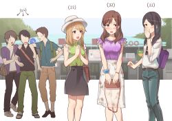 Rule 34 | 3boys, 3girls, bag, black hair, blonde hair, blush, breasts, brown hair, covering own mouth, denim, faceless, faceless male, handbag, hat, jeans, kitazawa (embers), large breasts, long hair, long skirt, multiple boys, multiple girls, original, own hands together, pants, purple eyes, scrunchie, skirt, sleeveless, small breasts, sunglasses, watch, white hat, wrist scrunchie, wristwatch, yellow eyes