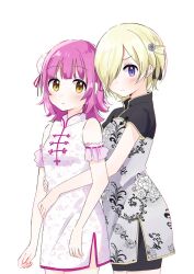 Rule 34 | 2girls, black shorts, blonde hair, blush, breasts, china dress, chinese clothes, commentary, cowboy shot, dot nose, dress, floral print, flower, from behind, grey dress, hair bun, hair flower, hair ornament, hair over one eye, highres, hug, looking at viewer, love live!, love live! nijigasaki high school idol club, mia taylor, multiple girls, parted lips, pink dress, pink hair, print dress, purple eyes, serious, short hair, short sleeves, shorts, sidelocks, single side bun, sleeveless, sleeveless dress, small breasts, tennoji rina, thighs, watanabe nako, white background, yellow eyes
