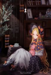 Rule 34 | 1girl, abigail williams (fate), absurdres, black bow, blonde hair, bonnet, bow, character name, coffee table, copyright name, dress, fate/grand order, fate (series), forehead, highres, long hair, long sleeves, looking at viewer, multiple bows, orange bow, parted bangs, plant, polka dot, polka dot bow, red eyes, saucer, sitting, solo, stuffed animal, stuffed toy, table, teddy bear, wang man, white dress
