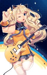 Rule 34 | 1girl, ahoge, animal ears, blonde hair, blue eyes, bracelet, breasts, cat ears, electric guitar, fingernails, guitar, highres, instrument, jewelry, lips, long fingernails, long hair, loyproject, nail polish, one eye closed, orange nails, parted lips, plectrum, seeu, shirt, skirt, sleeveless, small breasts, solo, taut clothes, taut shirt, thigh gap, thighhighs, vocaloid, white thighhighs
