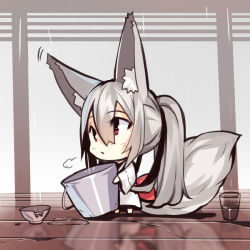 Rule 34 | 1girl, animal ears, barefoot, blush, bowl, bucket, chibi, closed mouth, cup, drinking glass, fox ears, fox girl, fox tail, hair between eyes, holding, holding bucket, japanese clothes, kimono, long hair, long sleeves, original, rain, red eyes, reflection, silver hair, solo, standing, tail, twintails, very long hair, water, white kimono, wide sleeves, wooden floor, yuuji (yukimimi)
