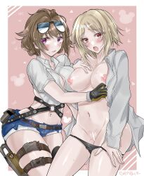 Rule 34 | 2girls, absurdres, assisted exposure, bar censor, belt, black panties, blonde hair, blush, breasts, brown hair, censored, cleavage cutout, clothing cutout, collarbone, commission, cowboy shot, eyewear on head, fang, fingerless gloves, fire low5996, girls&#039; frontline, gloves, grizzly mkv (girls&#039; frontline), hand on own chest, highres, holding, holding clothes, holster, large breasts, long sleeves, looking at viewer, midriff, mp40 (girls&#039; frontline), multiple girls, navel, nipples, non-web source, open clothes, open mouth, panties, panty pull, puffy nipples, pulled by self, purple eyes, pussy juice, red eyes, shirt, short hair, short shorts, short sleeves, shorts, signature, skeb commission, sunglasses, sweat, thigh holster, underwear, white shirt