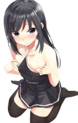 Rule 34 | 10s, 1girl, asashio (kancolle), bare arms, bare shoulders, belt, black dress, black hair, black thighhighs, blue eyes, blush, buttons, collarbone, covering nipples, covering privates, double-breasted, dress, flat chest, hiromochi (hiro39ra1), kantai collection, long hair, looking at viewer, nipple slip, nipples, pinafore dress, simple background, sitting, sketch, sleeveless, sleeveless dress, solo, sweat, thighhighs, wariza, white background