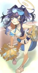 Rule 34 | 1girl, absurdres, animal ears, bare shoulders, black hair, blue archive, blue eyes, blush, breasts, cheerleader, cleavage, dog ears, dog girl, dog tail, eyewear on head, goggles, goggles on head, halo, hamita (rikopin ika), hibiki (blue archive), hibiki (cheer squad) (blue archive), highres, holding, holding pom poms, jewelry, leaning forward, long hair, looking at viewer, medium breasts, midriff, millennium cheerleader outfit (blue archive), miniskirt, navel, open mouth, pom pom (cheerleading), pom poms, shoes, skirt, sleeveless, sneakers, solo, sunglasses, tail