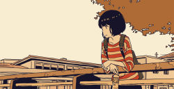 Rule 34 | 1girl, against railing, album cover, autumn, autumn leaves, backpack, bad source, bag, black eyes, black hair, black pants, bob cut, bottle, building, closed mouth, cover, evening, flat color, highres, holding, holding bottle, hosoo, leaning forward, light frown, limited palette, long sleeves, looking to the side, original, outdoors, pants, railing, red shirt, shirt, solo, striped clothes, striped shirt, sunlight, utility pole, white shirt