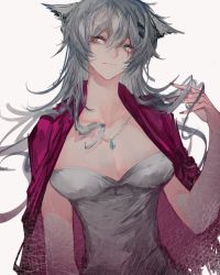 Rule 34 | 1girl, absurdres, alternate costume, animal ears, arknights, black nails, blue eyes, breasts, cape, chinese commentary, cleavage, closed mouth, collarbone, commentary request, dress, grey dress, hair between eyes, hand up, highres, jewelry, lappland (arknights), large breasts, long hair, looking at viewer, naijiaer, nail polish, necklace, purple cape, scar, scar across eye, scar on face, silver hair, simple background, smile, solo, strapless, strapless dress, upper body, very long hair, white background, wolf ears