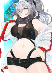 Rule 34 | 1girl, aaoshigatoutoi, absurdres, arknights, bandeau, belt, black belt, black scarf, black shorts, black tank top, blue background, blush, breasts, cleavage, closed mouth, commentary, cowboy shot, crop top, ear piercing, earpiece, gluteal fold, gradient background, hair between eyes, hand on own hip, highres, jacket, large breasts, long hair, looking at viewer, midriff, navel, off shoulder, open clothes, open jacket, palm tree, piercing, ponytail, scarf, schwarz (arknights), scrunchie, see-through, see-through sleeves, short shorts, shorts, silver hair, solo, tank top, thigh gap, thighs, tree, white jacket, yellow eyes