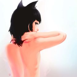 Rule 34 | 1girl, absurdres, animal ears, arms behind head, back, backlighting, bad id, bad pixiv id, black hair, cat ears, cat girl, closed mouth, eyelashes, from behind, hands up, highres, lips, looking at viewer, looking back, nose, nude, original, pink lips, red eyes, sgb, short hair, signature, smile, solo, upper body