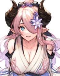 Rule 34 | 1girl, bad id, bad twitter id, bare shoulders, blue eyes, blush, breasts, cleavage, clothing cutout, collarbone, draph, flower, granblue fantasy, hair flower, hair ornament, hair over one eye, highres, horns, japanese clothes, kimono, koretsuki azuma, large breasts, long hair, looking at viewer, narmaya (granblue fantasy), open mouth, pink hair, pink pupils, pointy ears, ponytail, shoulder cutout, simple background, sketch, smile, solo, teeth, tongue, upper body, white background, white hair, white kimono