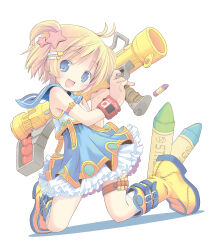 Rule 34 | 1girl, absurdres, blonde hair, boots, child, copyright request, crayon, dress, frills, hair ornament, hairclip, highres, pop (electromagneticwave), rocket launcher, short hair, solo, weapon