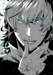 Rule 34 | 10s, 1boy, bad id, bad pixiv id, barnaby brooks jr., blue eyes, finger to mouth, glasses, glowing, glowing eyes, iwamoto eiri, male focus, monochrome, portrait, solo, spot color, tiger &amp; bunny