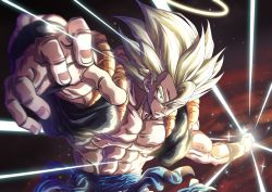 Rule 34 | 1boy, absurdres, blonde hair, blue sash, clenched hand, closed mouth, commentary request, dragon ball, dragonball z, feet out of frame, fighting stance, fingernails, foreshortening, gogeta, green eyes, highres, incoming attack, incoming punch, light rays, male focus, metamoran vest, mocky art, muscular, muscular male, pectorals, punching, sash, serious, solo, sparkle, spiked hair, super saiyan, super saiyan 1, upper body, veins, veiny arms