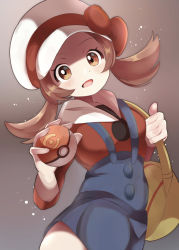 Rule 34 | 1girl, bag, blue overalls, bow, brown eyes, brown hair, cabbie hat, creatures (company), game freak, hat, hat bow, highres, holding, holding bag, holding poke ball, looking at viewer, lyra (pokemon), nintendo, open mouth, overalls, poke ball, pokemon, pokemon hgss, red bow, red shirt, shirt, twintails, umiru, white headwear
