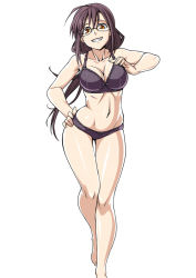 Rule 34 | 1girl, ahoge, anime coloring, bow, bow bra, bow panties, bra, breasts, brown eyes, cleavage, collarbone, full body, glasses, grin, hand on own hip, imada kozue, long hair, looking at viewer, navel, original, panties, ponytail, purple bra, purple hair, purple panties, simple background, smile, solo, thigh gap, underwear, underwear only, very long hair
