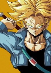 Rule 34 | 1boy, absurdres, black shirt, blonde hair, blue eyes, blue jacket, closed mouth, commentary request, dragon ball, dragonball z, hair between eyes, highres, holding, holding sword, holding weapon, jacket, looking at viewer, male focus, muscular, muscular male, seya (asasei 718), sheath, shirt, sword, trunks (dragon ball), trunks (future) (dragon ball), weapon, yellow background