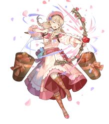 Rule 34 | 1girl, arrow (projectile), belt, bow (weapon), braid, brown eyes, brown socks, dress, faye (fire emblem), fire emblem, fire emblem echoes: shadows of valentia, fire emblem heroes, floral print, food, full body, hat, highres, holding, holding bow (weapon), holding weapon, light brown hair, long dress, long hair, low-braided long hair, low-tied long hair, nintendo, official art, pink dress, puffy short sleeves, puffy sleeves, quiver, shoes, short sleeves, socks, solo, transparent background, twin braids, twintails, weapon