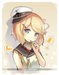 Rule 34 | 1girl, aiguillette, armband, blonde hair, blue eyes, blush, buttons, cake, closed mouth, double-breasted, food, hair ornament, hairclip, happy birthday, hat, highres, jacket, lino-lin, looking at viewer, military, military hat, military uniform, peaked cap, sailor collar, simple background, sleeveless, smile, solo, text focus, uniform, upper body, warship girls r, white hat, white jacket, z16 friedrich eckoldt (warship girls r)