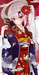 Rule 34 | 1girl, absurdres, blush, commentary request, flower, folding fan, gradient hair, hair between eyes, hair flower, hair ornament, hand fan, haori, highres, holding, holding fan, hololive, horns, japanese clothes, kimono, long hair, looking at viewer, miaruri, multicolored hair, nakiri ayame, nakiri ayame (new year), new year, obi, official alternate costume, oil-paper umbrella, oni, open mouth, red eyes, red hair, red kimono, sash, side ponytail, sidelocks, skin-covered horns, solo, streaked hair, umbrella, virtual youtuber, white hair