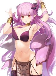 Rule 34 | 1girl, armlet, armpits, arms up, bare arms, bare shoulders, bikini, bikini top only, breasts, cleavage, closed mouth, collar, collarbone, commentary request, cowboy shot, dungeon maker, earrings, groin, highres, horns, jewelry, large breasts, long hair, looking at viewer, medusa girl (dungeon maker), meth (emethmeth), navel, pelvic curtain, pointy ears, purple bikini, purple hair, purple thighhighs, red eyes, sidelocks, signature, slit pupils, snake, snake hair, solo, standing, stomach, strap pull, swimsuit, thighhighs, thighs, very long hair, white background, wide hips