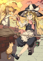 Rule 34 | 1girl, animal, apron, bamboo broom, black footwear, black hat, black skirt, black vest, blonde hair, blush, bow, braid, brick wall, broom, buttons, cat, cattail, cloud, cup, disposable cup, evening, gloves, grin, hair bow, hand up, hat, hat bow, highres, holding, inuno rakugaki, kirisame marisa, long hair, long sleeves, mary janes, mountain, orange sky, outdoors, outstretched leg, pink gloves, pink scarf, plant, scarf, shirt, shoes, side braid, single braid, sitting, sitting on stairs, skirt, skirt set, sky, smile, solo, stairs, steam, stone stairs, teeth, touhou, tree, vest, waist apron, white bow, white legwear, white shirt, witch hat, yellow eyes