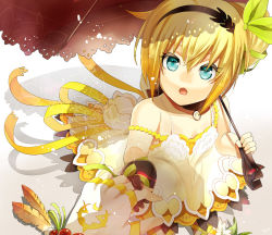 Rule 34 | 1girl, :o, black gloves, black hairband, black neckwear, blonde hair, blue eyes, choker, collarbone, dress, edna (tales), fingerless gloves, gloves, green ribbon, hair ribbon, hairband, holding hands, holding, holding umbrella, houhou (black lack), looking at viewer, open mouth, over shoulder, ribbon, shadow, short hair, side ponytail, single glove, solo focus, sorey (tales), strap slip, tales of (series), tales of zestiria, umbrella, white dress, white gloves