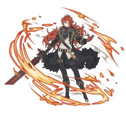 Rule 34 | 1boy, antenna hair, black footwear, black pants, boots, closed mouth, diluc (genshin impact), fire, fur trim, genshin impact, gloves, hair between eyes, highres, holding, holding sword, holding weapon, jacket, long hair, long sleeves, male focus, pants, ponytail, red eyes, red hair, simple background, solo, spring2013, standing, sword, vision (genshin impact), weapon, white background