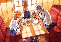 Rule 34 | 1boy, 1girl, ahoge, alternate costume, belt, black belt, blue necktie, blue pants, blue skirt, booth seating, burger, closed mouth, collared shirt, commentary request, condiment packet, cup, drinking glass, drinking straw, eating, elbow rest, elbows on table, fate/grand order, fate (series), food, food wrapper, fujimaru ritsuka (female), grey hair, hair between eyes, hair down, highres, holding, holding burger, holding drinking straw, holding food, indoors, looking at another, looking at food, medium hair, necktie, open mouth, orange hair, pants, plate, pleated skirt, restaurant, saitou hajime (fate), shirt, short hair, sitting, skirt, sleeves past elbows, sleeves pushed up, sunlight, teeth, uni (nico02), watch, white shirt, window, wristwatch, yellow eyes