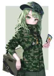 Rule 34 | 1girl, box, buckle, camouflage, camouflage headwear, camouflage jacket, card, chest harness, commentary, drawstring, field cap, green eyes, green hair, harness, hat, high collar, highres, holding, holding card, jacket, key, looking at viewer, medium hair, pocket, sideways hat, snap-fit buckle, solo, strap, torinari (dtvisu), touhou, upper body, yamashiro takane