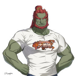 Rule 34 | 1boy, bara, beard, blue pants, collarbone, color connection, colored skin, cosplay, facial hair, foxvulpine, frown, ganondorf, gerudo, grey skin, hair color connection, hands on own hips, huge eyebrows, iskandar (fate), iskandar (fate) (cosplay), long hair, looking at viewer, male focus, muscular, muscular male, nintendo, pants, pectorals, red hair, shirt, simple background, solo, t-shirt, the legend of zelda, the legend of zelda: tears of the kingdom, tight clothes, tight shirt, twitter username, veins, veiny arms, white background, white shirt