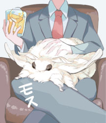 Rule 34 | 1boy, animal, animal on lap, armchair, bug, chair, crossed legs, cup, feet out of frame, fluffy, formal, head out of frame, highres, holding, holding cup, insect, moth, necktie, on lap, ootani eiti, original, oversized animal, oversized insect, petting, red neckwear, suit, white background, white fur