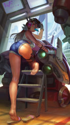 Rule 34 | 1girl, 2016, absurdres, ass, bare shoulders, barefoot, breasts, brown eyes, brown hair, bunny headphones, casual, d.va (overwatch), dated, denim, denim shorts, facial mark, feet, food, foot focus, from behind, gloves, headphones, highres, leg up, legs, li chunfu, long hair, long legs, looking at viewer, looking back, mecha, meka (overwatch), mouth hold, overwatch, overwatch 1, popsicle, robot, sandals, short shorts, shorts, signature, small breasts, soles, solo, tank top, thighs, toes, underboob, whisker markings, wrench