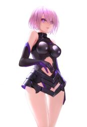 Rule 34 | 1girl, absurdres, arm at side, armored leotard, bare shoulders, black gloves, breasts, closed mouth, clothing cutout, commentary, cowboy shot, egk513, elbow gloves, fate/grand order, fate (series), gloves, hair over one eye, highres, impossible clothes, impossible leotard, large breasts, leotard, lips, looking at viewer, mash kyrielight, navel cutout, pink hair, pink lips, purple eyes, shiny clothes, short hair, simple background, solo, thigh gap, thighs, white background