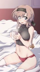 Rule 34 | 1girl, 547th sy, bed, black headband, black undershirt, braid, breasts, clothes writing, commentary request, cup, grey eyes, hachimaki, hair ornament, headband, highres, kantai collection, light brown hair, long hair, looking at viewer, medium breasts, midriff, mug, panties, propeller hair ornament, red panties, sitting, sleeveless, smile, solo, steam, teruzuki (kancolle), thighhighs, translated, twin braids, underwear, wariza, white thighhighs