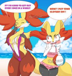 Rule 34 | 2girls, animal ear fluff, animal ears, areola slip, artist name, ball, beach, beachball, bikini, blue sky, blush, braixen, breasts, cameltoe, clenched hand, clothed pokemon, cloud, cowboy shot, creatures (company), day, delphox, embarrassed, english text, closed eyes, fangs, female focus, flat chest, fox ears, fox tail, frilled bikini, frills, furry, furry female, game freak, gen 6 pokemon, hand on own chest, hand on own face, hand up, hands up, happy, highres, holding, jpeg artifacts, large breasts, looking at another, looking to the side, looking up, mezmaroon, mother and daughter, multiple girls, nintendo, ocean, one-piece swimsuit, open mouth, outdoors, pink bikini, pokemon, pokemon (creature), purple one-piece swimsuit, red eyes, sand, signature, sky, slingshot swimsuit, smile, speech bubble, standing, swimsuit, tail, talking, text focus, thigh gap, water