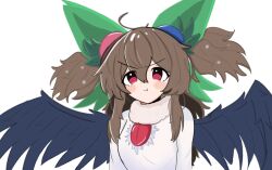 Rule 34 | 1girl, :t, absurdres, ahoge, alternate hairstyle, bird wings, black wings, blush, bow, breasts, brown hair, closed mouth, commentary, english commentary, frown, green bow, hair between eyes, hair bow, highres, just hatto, long bangs, long hair, looking at viewer, medium breasts, neck ruff, pout, red eyes, reiuji utsuho, shirt, simple background, solo, tearing up, third eye, touhou, touhou arcadia record, two side up, upper body, v-shaped eyebrows, white background, white shirt, wings