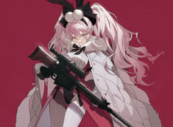 Rule 34 | 1girl, animal ears, black gloves, black ribbon, breasts, buttons, cape, closed mouth, fake animal ears, fate/grand order, fate (series), fox girl, fur-trimmed cape, fur trim, glasses, gloves, gun, hair between eyes, holding, holding gun, holding weapon, koyanskaya (assassin) (second ascension) (fate), koyanskaya (fate), leotard, long hair, long sleeves, looking at viewer, medium breasts, nakamura (wmfp3834), neck ribbon, pantyhose, playboy bunny, rabbit ears, red leotard, ribbon, rifle, simple background, sniper rifle, solo, tamamo (fate), twintails, very long hair, weapon, white-framed eyewear, white cape, white pantyhose, white sleeves, yellow eyes