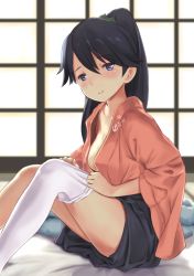 Rule 34 | 10s, 1girl, black hair, blush, breasts, houshou (kancolle), japanese clothes, kantai collection, long hair, personification, ponytail, purple eyes, single thighhigh, sitting, smile, solo, thighhighs, wa (genryusui), white thighhighs