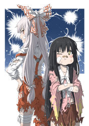Rule 34 | 2girls, :t, back-to-back, bamboo print, bandaged arm, bandaged leg, bandages, bandaid, bandaid on arm, bandaid on face, black hair, blue background, blush, border, bow, brown skirt, collared shirt, commentary request, confrontation, crossed arms, fujiwara no mokou, grey hair, hair bow, hands on own hips, highres, hime cut, houraisan kaguya, inuno rakugaki, long hair, long sleeves, looking at another, looking back, messy hair, multiple girls, neck ribbon, one eye closed, orange eyes, pants, pink shirt, pout, red pants, ribbon, scratches, shirt, sidelocks, skirt, suspenders, torn bow, torn clothes, torn pants, torn shirt, torn skirt, touhou, very long hair, white ribbon, white shirt, wide sleeves, yellow eyes