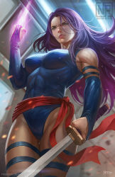 Rule 34 | 1girl, aura, bare shoulders, blue leotard, breasts, closed mouth, commission, cowboy shot, debris, elbow gloves, from below, gloves, highleg, highleg leotard, holding, holding sword, holding weapon, large breasts, leotard, long hair, marvel, muscular, nopeys, partially fingerless gloves, psylocke, purple hair, sash, solo, standing, sword, thigh strap, thighs, weapon, x-men, yellow eyes