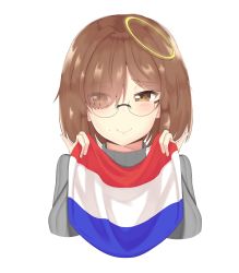 Rule 34 | 1girl, :&gt;, absurdres, aceofbros, blush, brown eyes, brown hair, closed mouth, dutch flag, eyes visible through hair, flag, gloves, grey sweater, hair over one eye, highres, holding, holding flag, long sleeves, looking at viewer, mole, mole under mouth, original, ribbed sweater, round eyewear, short hair, smile, solo, sweater, turtleneck, turtleneck sweater, upper body