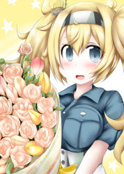 Rule 34 | 1girl, blonde hair, blue eyes, blue shirt, bouquet, breast pocket, breasts, collared shirt, flower, gambier bay (kancolle), hairband, holding, holding bouquet, kantai collection, large breasts, ouno (nounai disintegration), pocket, shirt, solo, twintails, upper body
