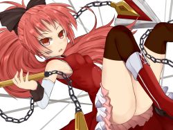 Rule 34 | 10s, ass, bad id, bad pixiv id, bare shoulders, boots, chain, detached sleeves, highres, long hair, mahou shoujo madoka magica, mahou shoujo madoka magica (anime), no panties, polearm, ponytail, red eyes, red hair, sakura kyoko, solo, spear, thighhighs, weapon, yamamoto tama