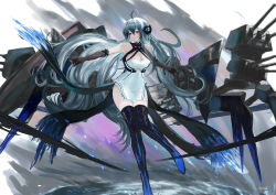 Rule 34 | 1girl, absurdres, ahoge, armpits, azur lane, bare shoulders, black footwear, black gloves, blue hair, breasts, cleavage, closed mouth, commentary, crossed bangs, dmno#0, dress, expressionless, floating hair, full body, gloves, hair between eyes, hair ornament, helena (azur lane), helena (meta) (azur lane), highres, long hair, looking to the side, medium breasts, outstretched arms, purple eyes, rigging, searchlight, sidelocks, skindentation, sleeveless, sleeveless dress, solo, standing, standing on liquid, standing on one leg, thighhighs, turret, very long hair, waist cape, white background, white dress